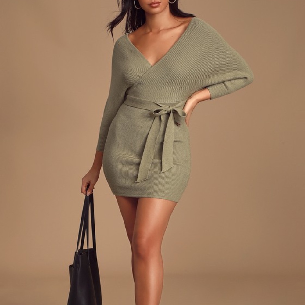 Modena Sage Green Dolman Sleeve Bodycon Sweater Dress